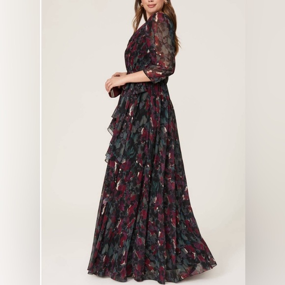 Badgley Mischka Pleated Ruffle Floral Gown, Long Sleeve Maxi Dress - Picture 3 of 10